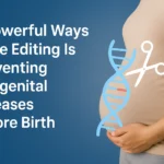 stylized DNA helix and gene-editing scissors