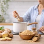 Fresh ginger root and dry ginger powder comparison showing differences in form and potency.