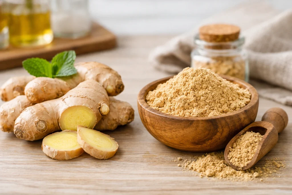 Fresh ginger root being grated for cooking and natural digestive remedies