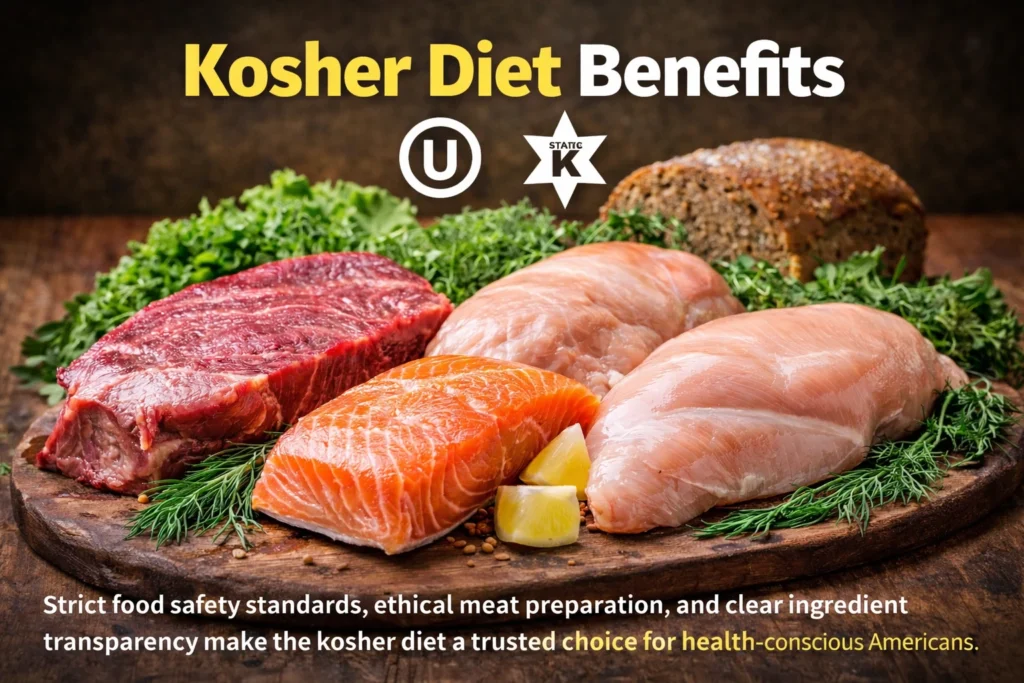 Assorted kosher foods including meat, vegetables, and grains prepared according to kosher dietary laws