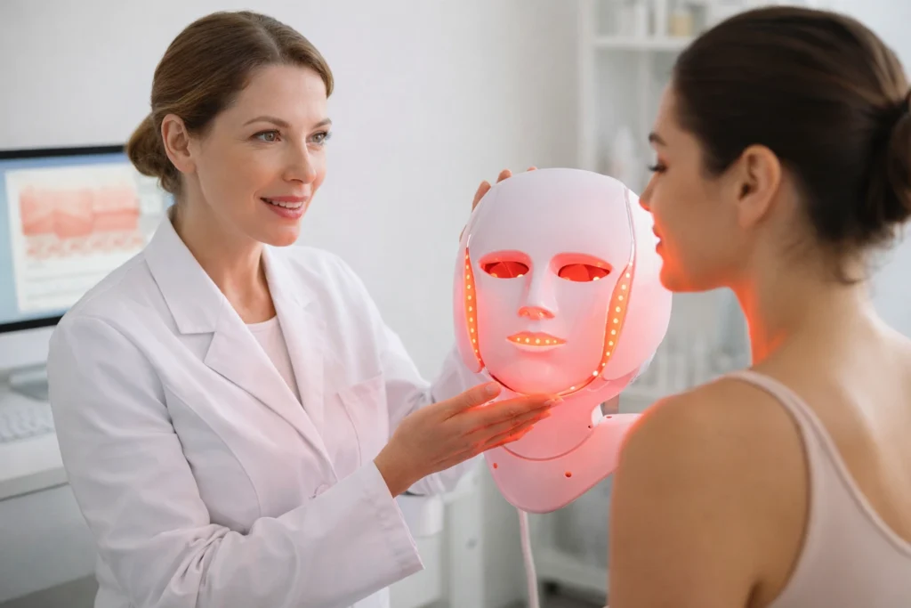 Red light therapy facial treatment for anti-aging and skin rejuvenation
