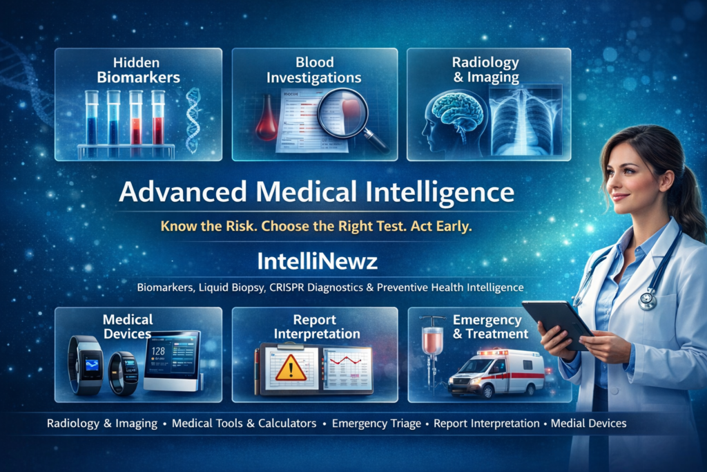 IntelliNewz hero image featuring a dynamic female doctor holding a tablet, highlighting advanced medical intelligence services. Includes six frosted-glass medical tiles: Hidden Biomarkers, Blood Investigations, Radiology & Imaging, Medical Devices, Report Interpretation, and Emergency & Treatment. Background with dark blue to teal gradient, subtle DNA strands, grid overlay, and glowing particles. Bottom micro-strip displays categories: Radiology & Imaging, Medical Tools & Calculators, Emergency Triage & Treatment, Report Interpretation, and Medical Devices. Clean, professional, futuristic medical technology design for health, diagnostics, and preventive care."