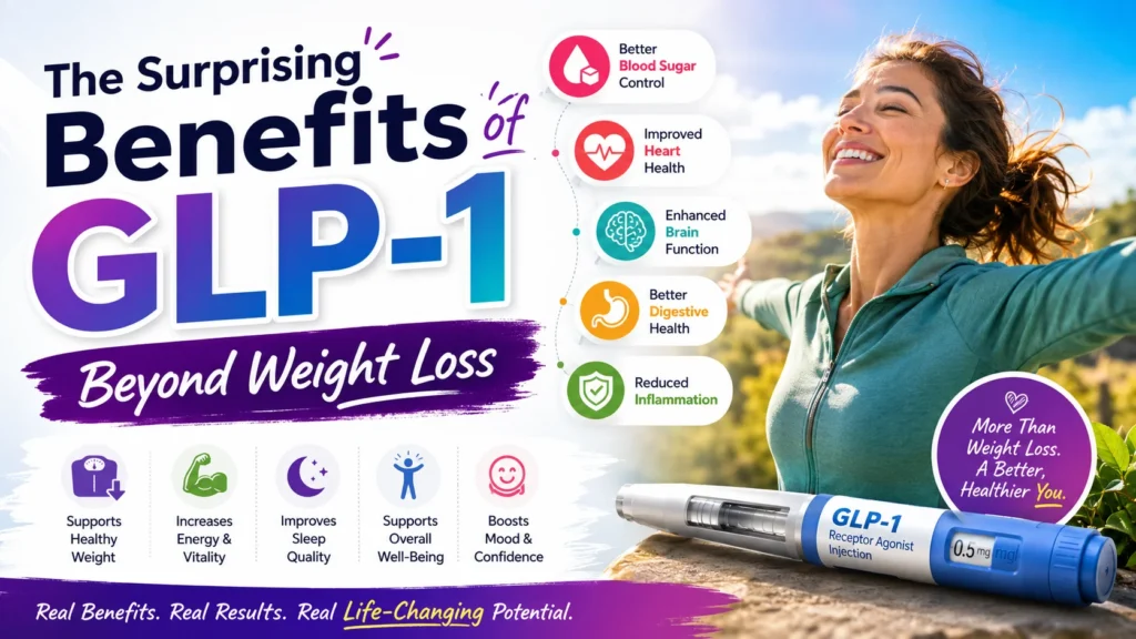 GLP-1 health benefits beyond weight loss including heart, brain, digestive, and metabolic support.