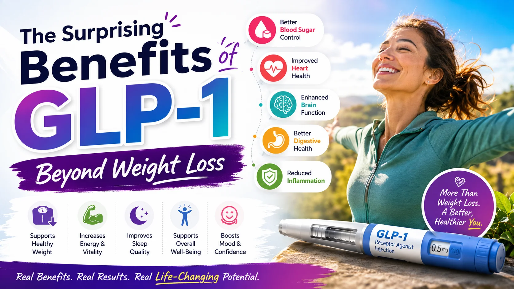 GLP-1 health benefits beyond weight loss including heart, brain, digestive, and metabolic support.